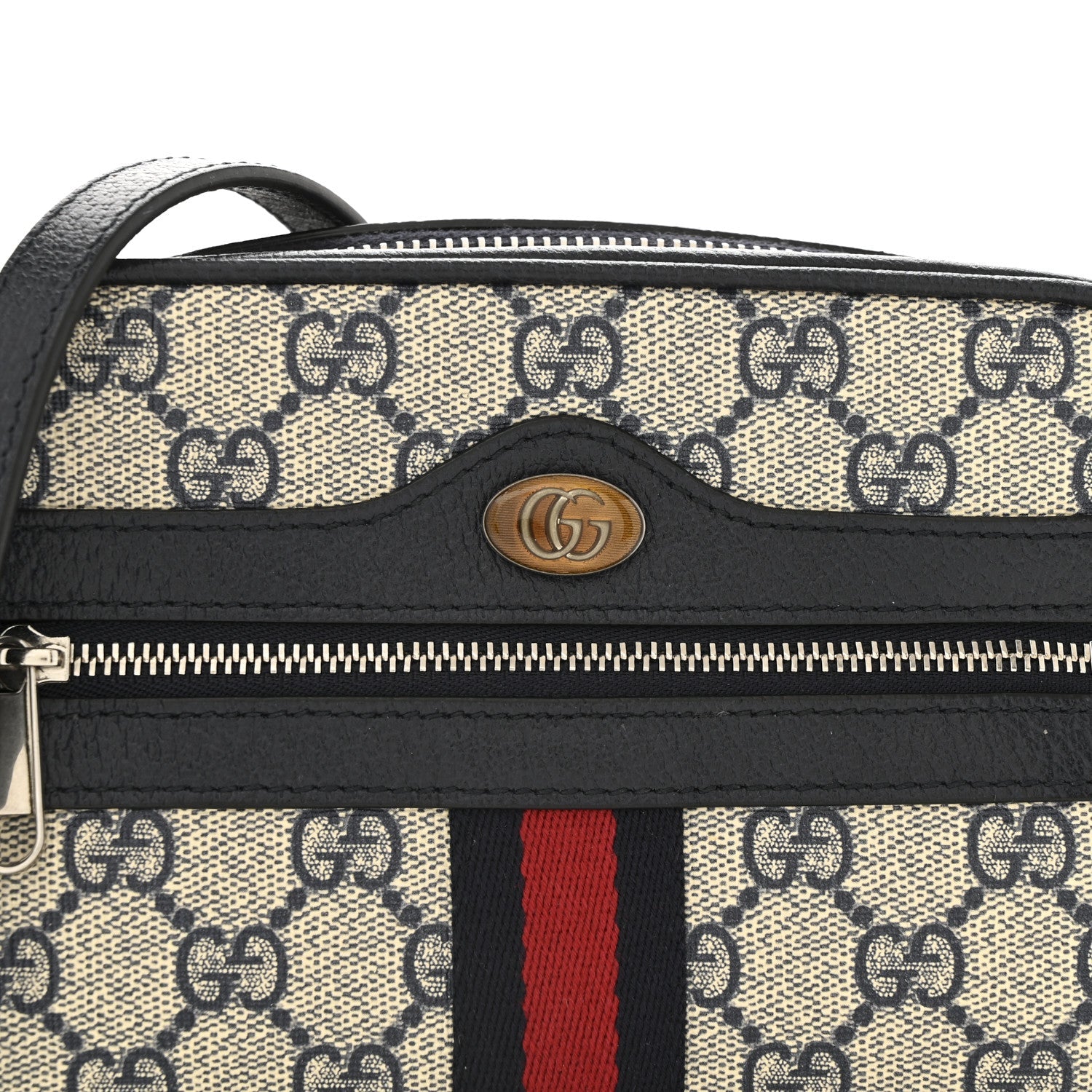 GG Supreme Monogram Textured Dollar Calfskin Web Mini Ophidia Shoulder Bag Beige Blue