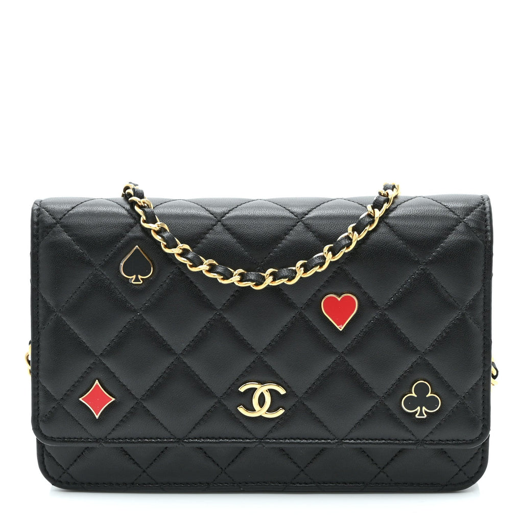 Lambskin Quilted Enamel Coco Casino Wallet On Chain WOC Black