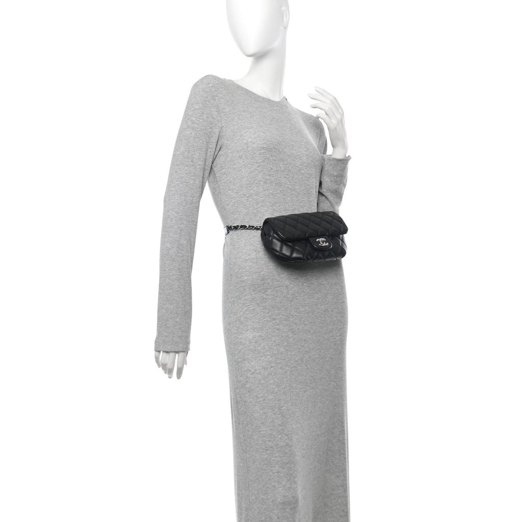 Calfskin Quilted CC Uniform Flap Belt Bag Black