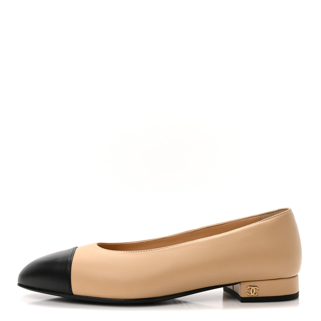 Lambskin Cap Toe CC Uniform Ballerina Flats 37.5 Beige Black