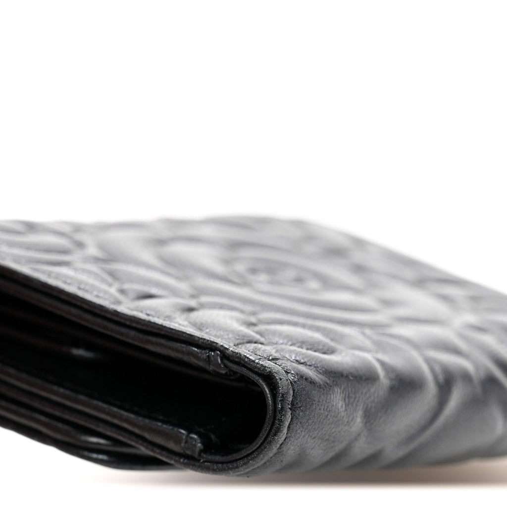 Lambskin Camellia Embossed Small Double Wallet Black