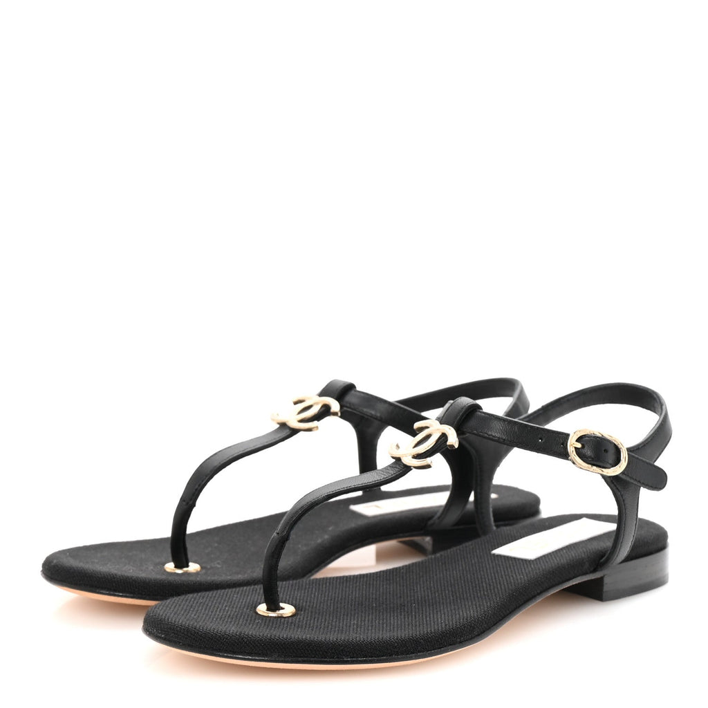 Lambskin CC Logo Thong Sandals 36 Black