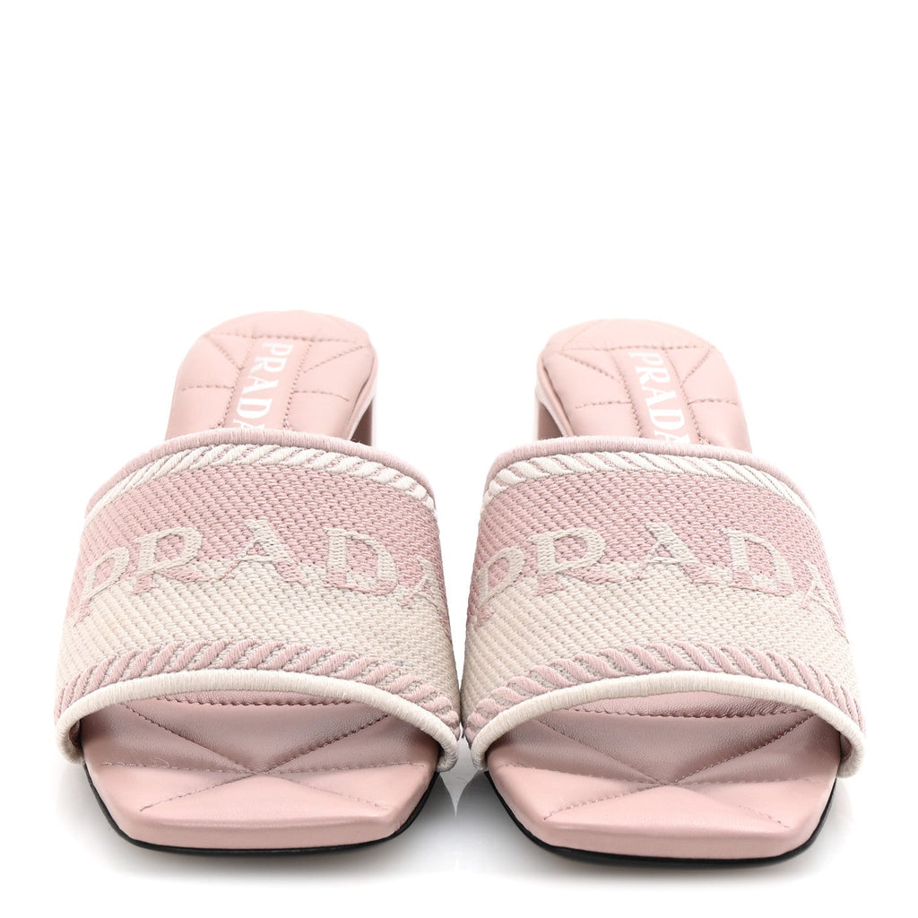 Fabric Logo Embroidered 65mm Block Heel Slide Sandals 38 Alabastro Talco