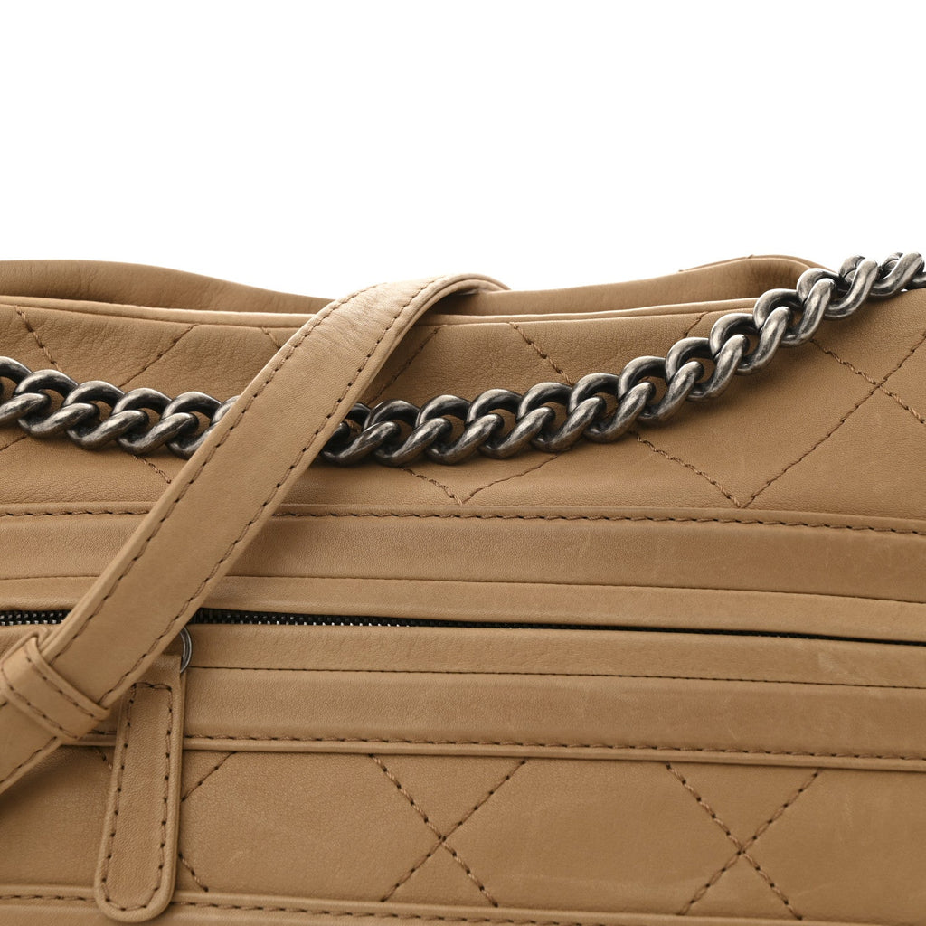 Calfskin Stitched Double Zip Hobo Beige