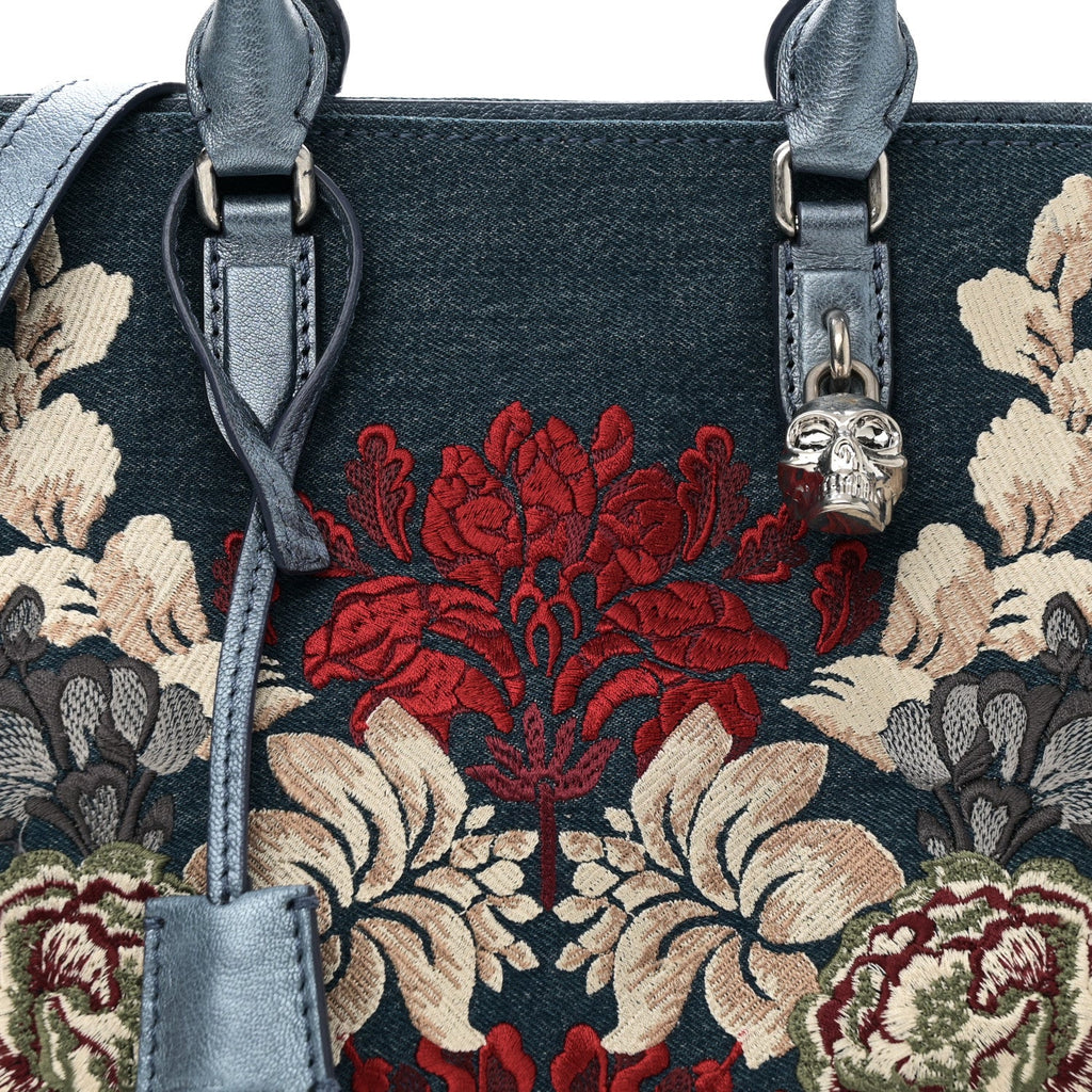 Denim Floral Embroidered Small Skull Padlock Zip Around Tote Blue Multicolor