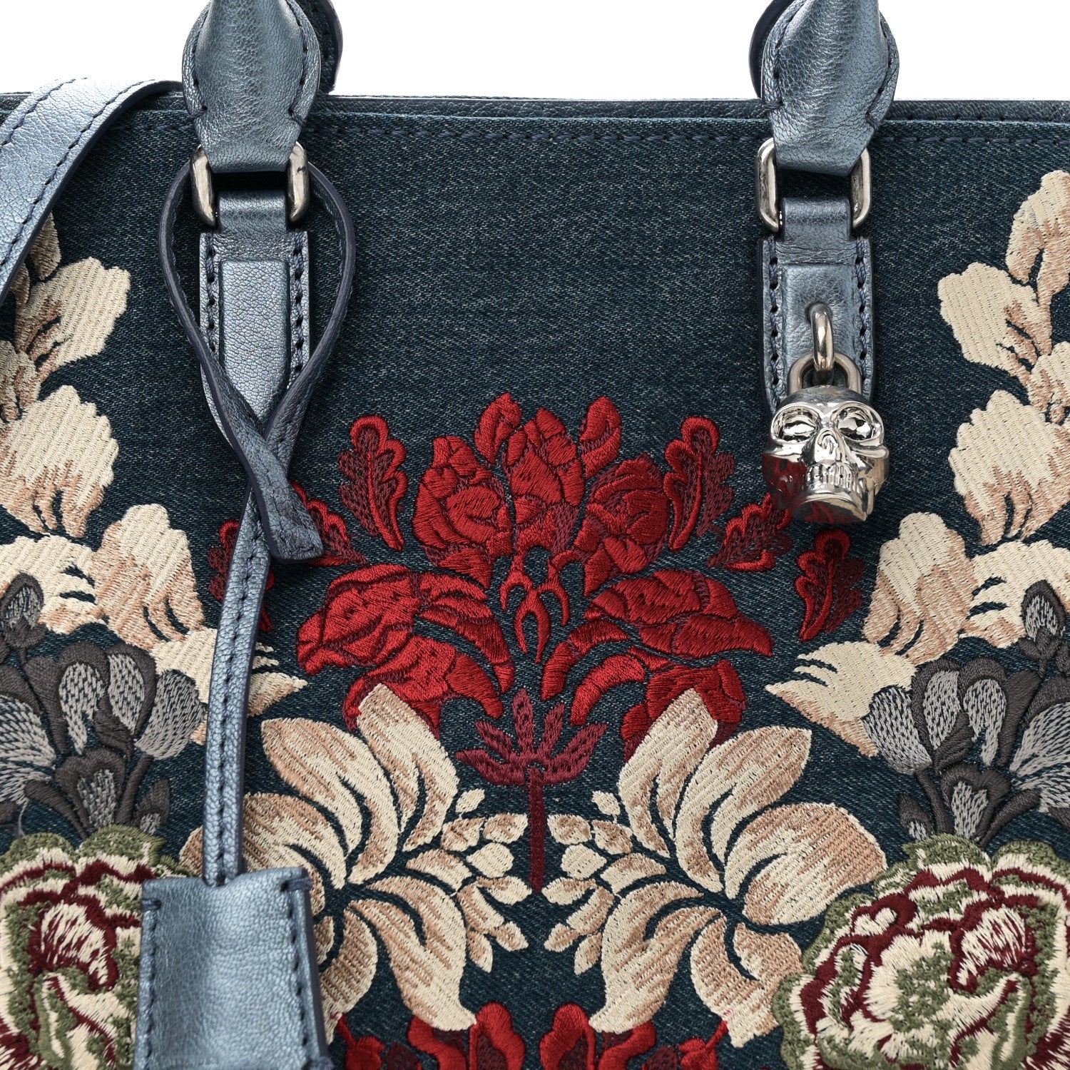 Denim Floral Embroidered Small Skull Padlock Zip Around Tote Blue Multicolor