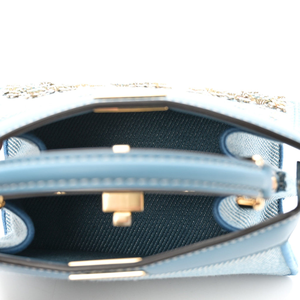 Denim Nappa Floral Embroidered Petite Peekaboo I SEE U Satchel Blue