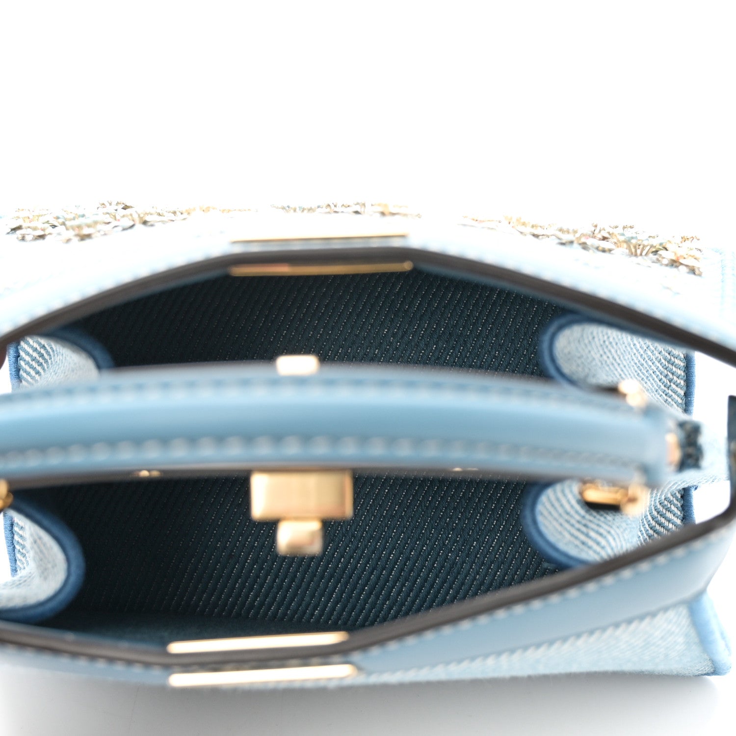 Denim Nappa Floral Embroidered Petite Peekaboo I SEE U Satchel Blue