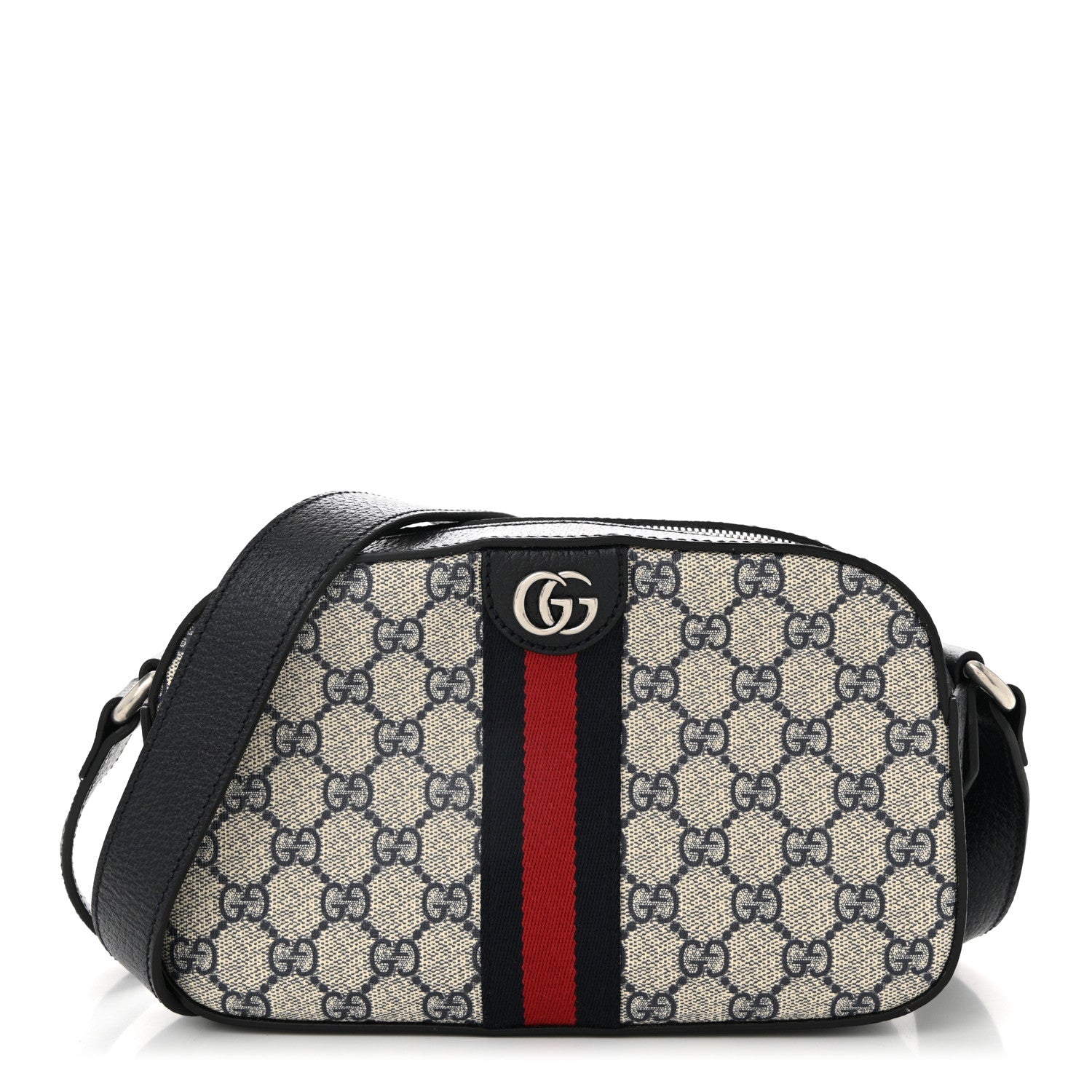 GG Supreme Monogram Textured Dollar Calfskin Web Small Ophidia Camera Bag Beige Blue