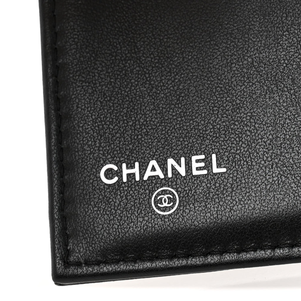 Lambskin Camellia Embossed Small Double Wallet Black