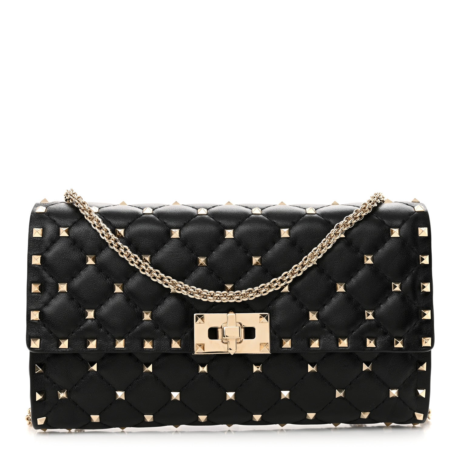 Lambskin Rockstud Spike Wallet on Chain Black