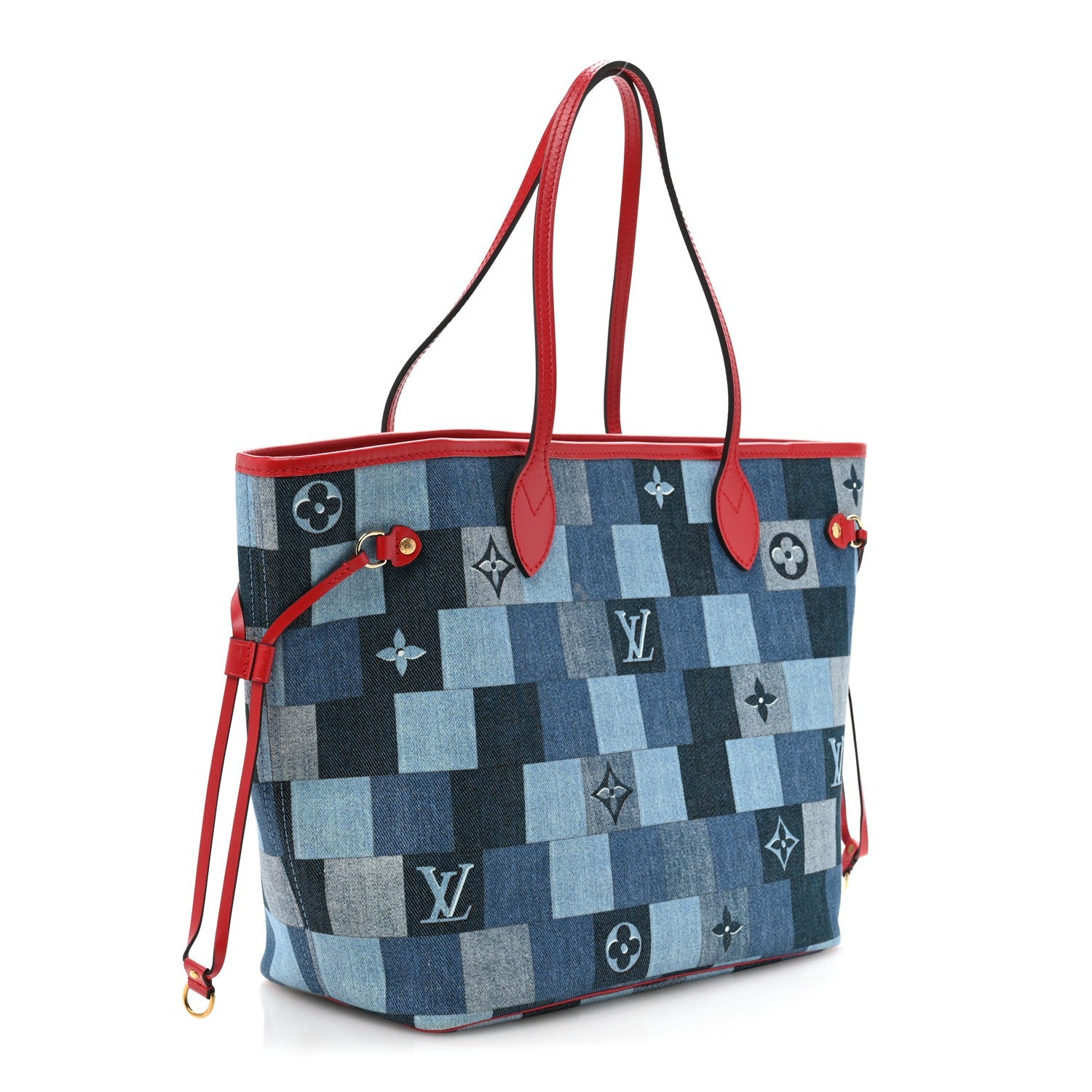 Denim Damier Monogram Patchwork Neverfull Blue Rouge