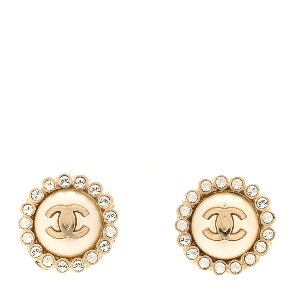 Metal Pearl Crystal CC Round Earrings Light Gold