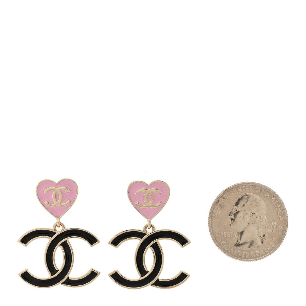Metal Enamel CC Heart Drop Earrings Gold Black Pink