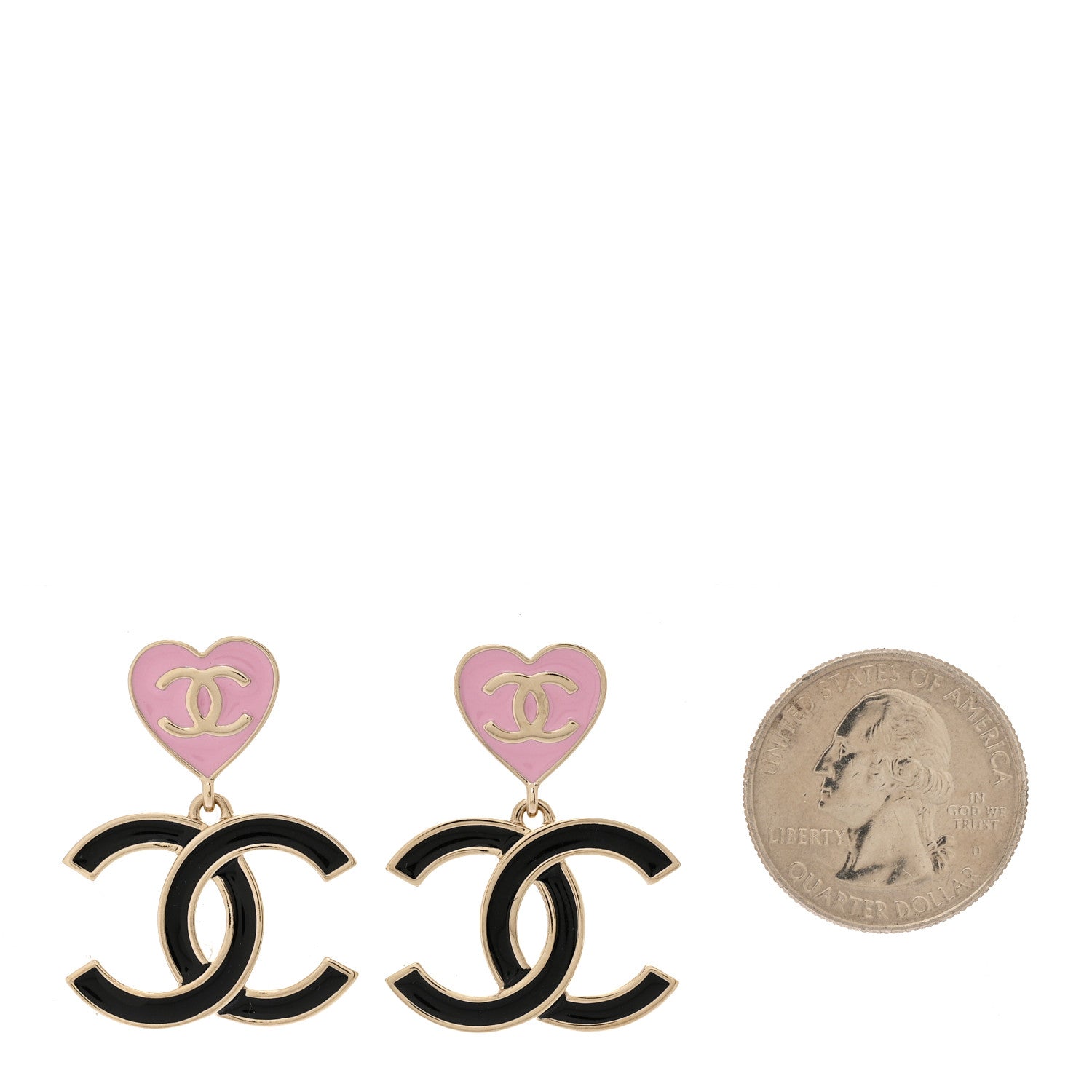 Metal Enamel CC Heart Drop Earrings Gold Black Pink