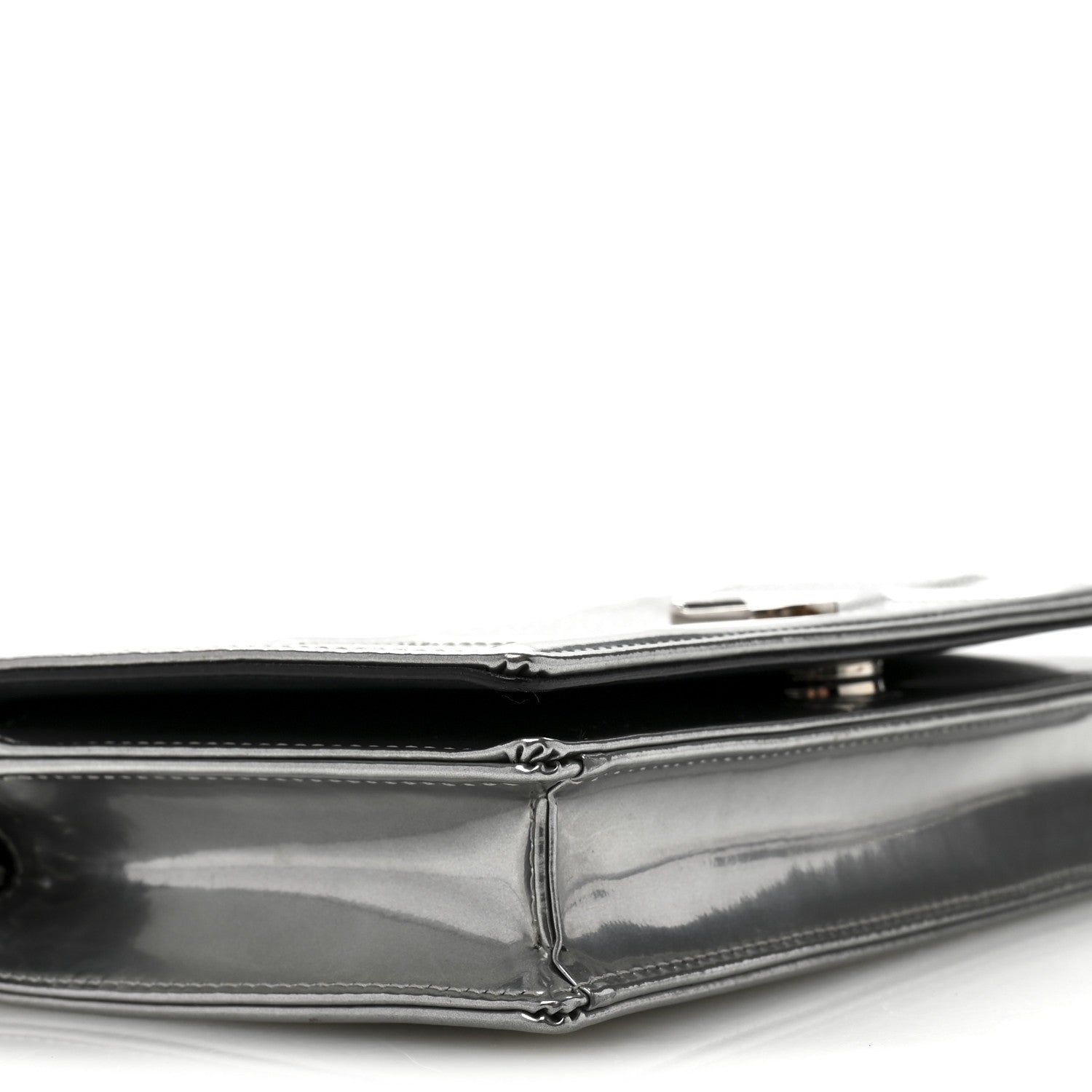 Metallic Patent Micro-Cannage Diorama Wallet on Chain Pouch Silver