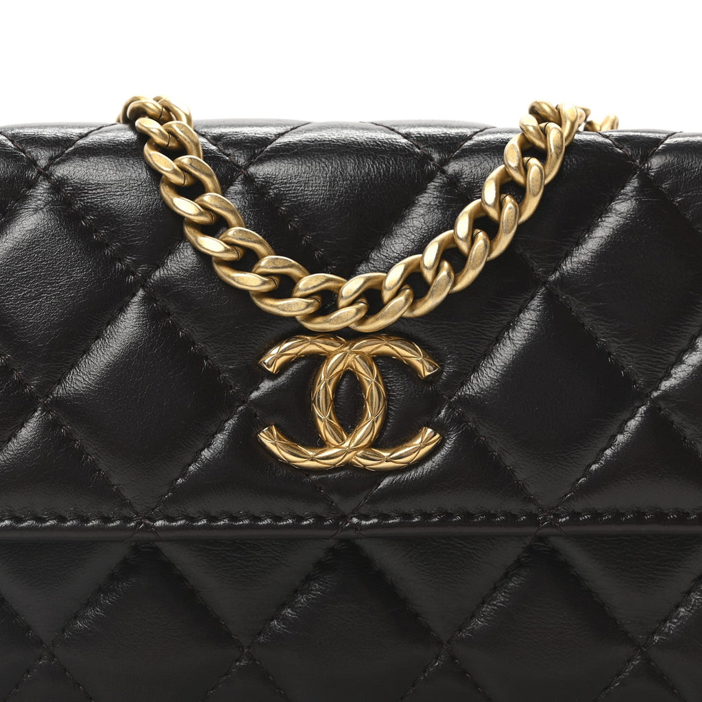 Lambskin Quilted Pillow Crush Flap Phone Holder With Chain Dark Brown