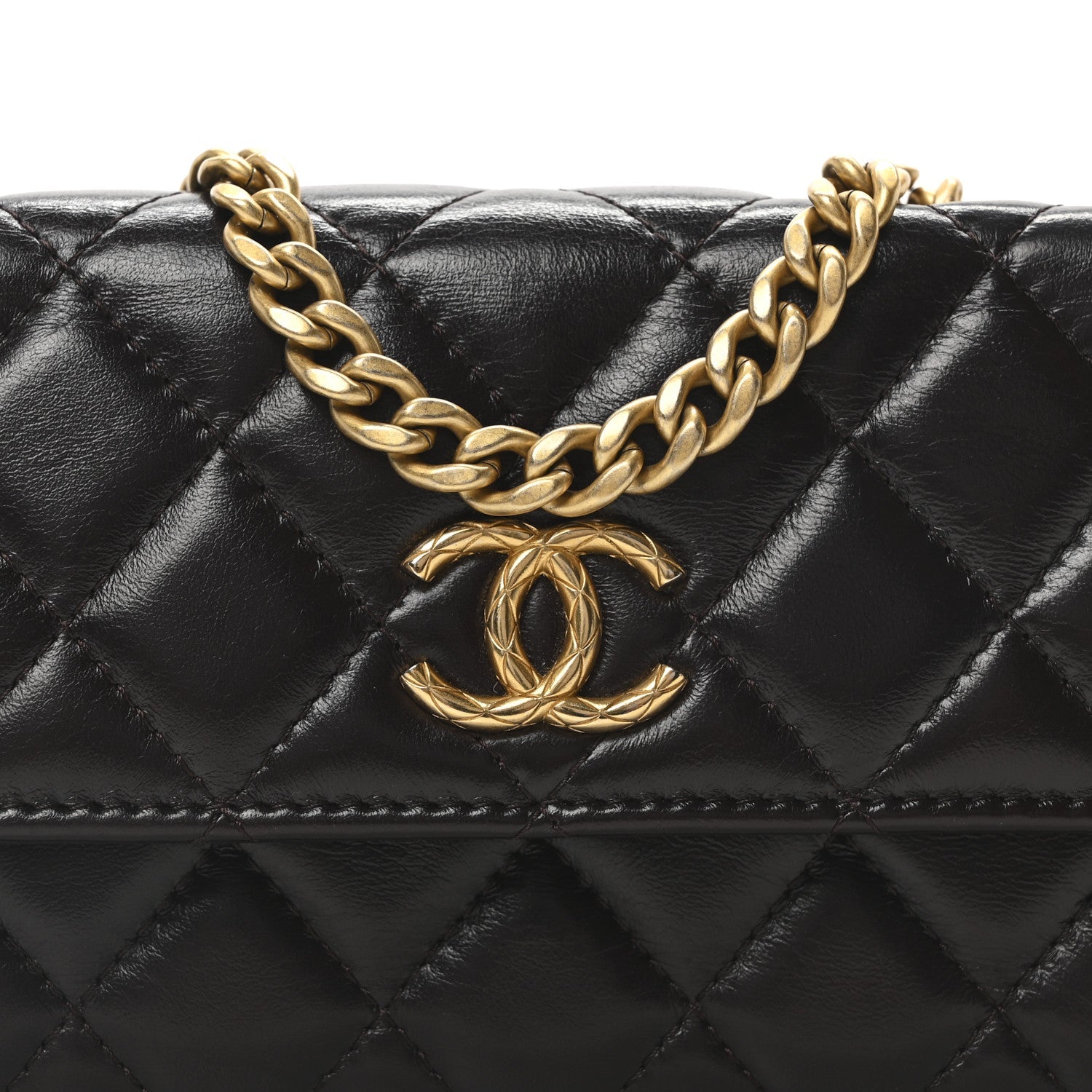 Lambskin Quilted Pillow Crush Flap Phone Holder With Chain Dark Brown