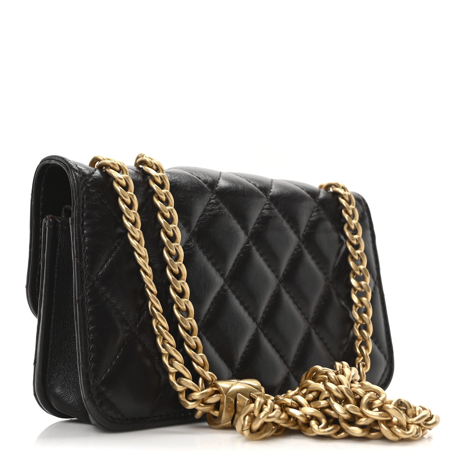 Lambskin Quilted Pillow Crush Flap Phone Holder With Chain Dark Brown