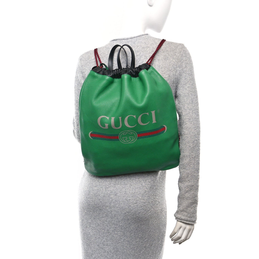 Grained Calfskin Logo Drawstring Backpack Green