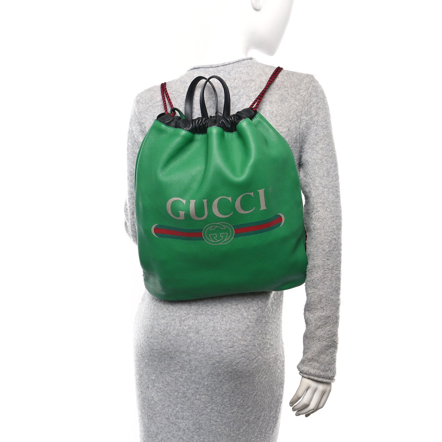 Grained Calfskin Logo Drawstring Backpack Green