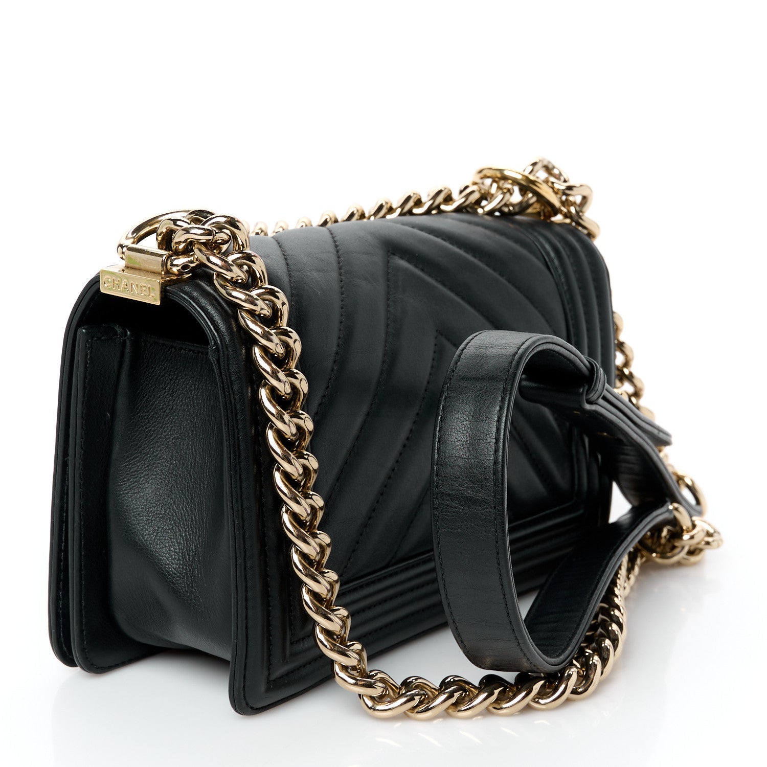 Lambskin Chevron Quilted Small Boy Flap Black