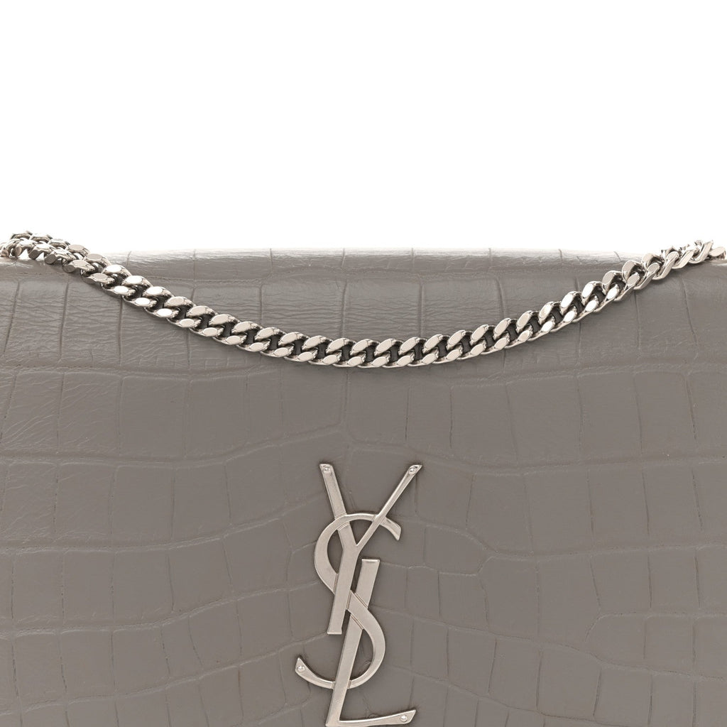 Calfskin Crocodile Embossed Medium Classic Monogram Kate Tassel Satchel Fog