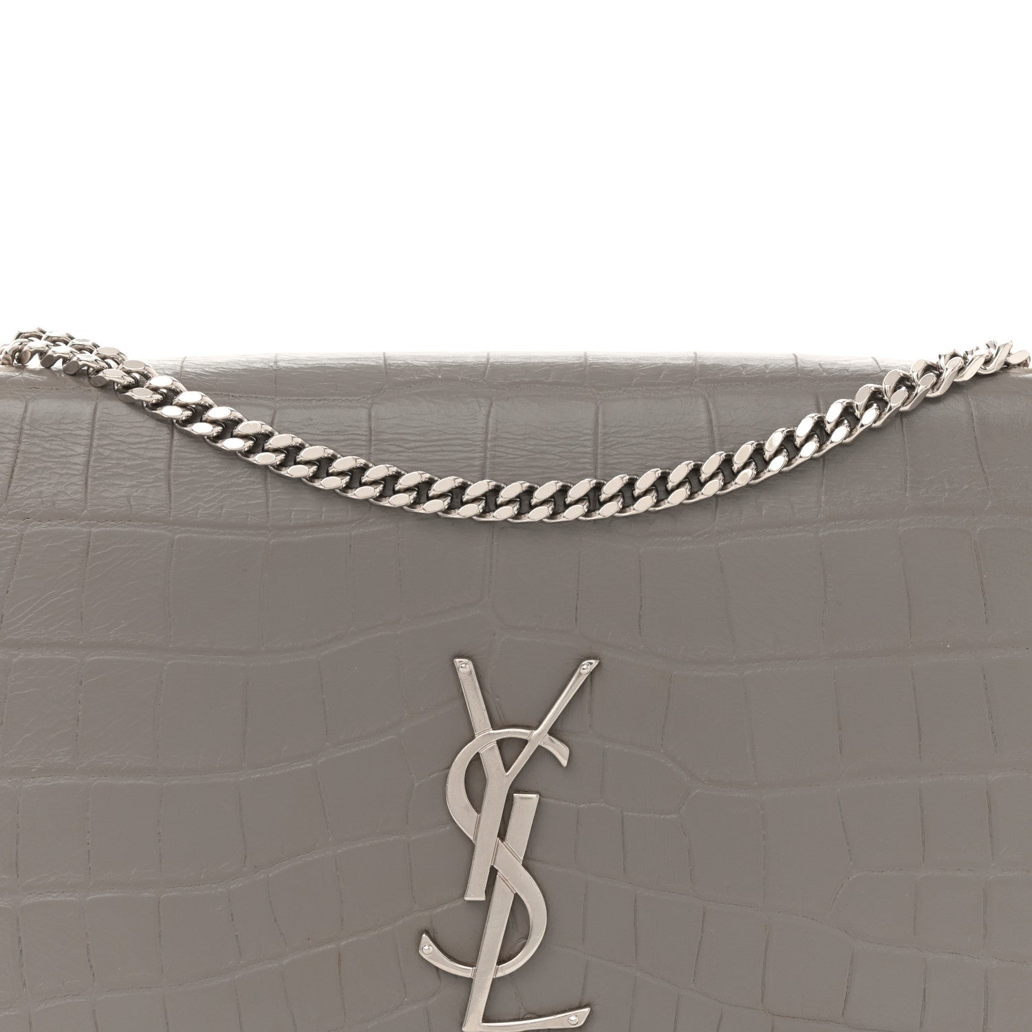 Calfskin Crocodile Embossed Medium Classic Monogram Kate Tassel Satchel Fog