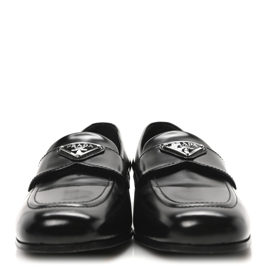 Brushed Calfskin Metal Triangle Logo 20mm Loafers 36.5 Black
