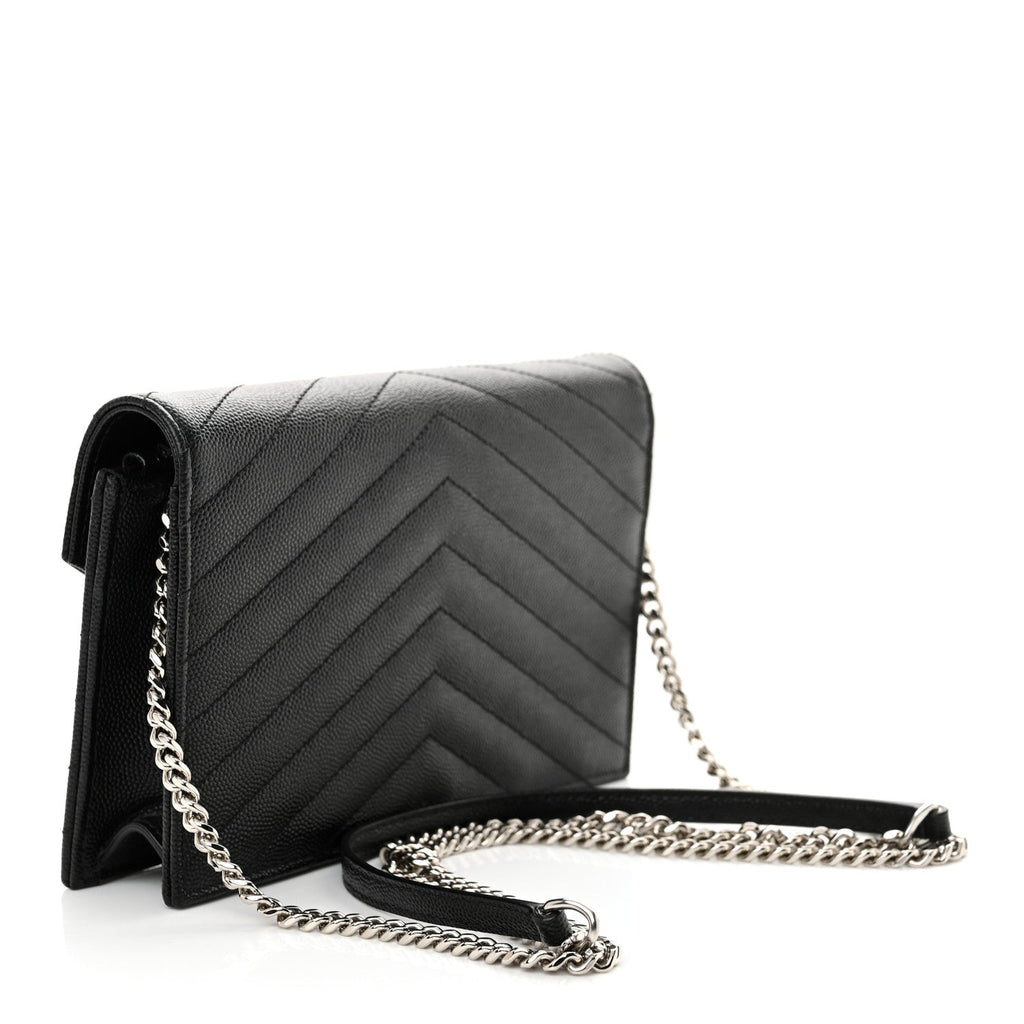 Grain De Poudre Matelasse Chevron Monogram Envelope Chain Wallet Black