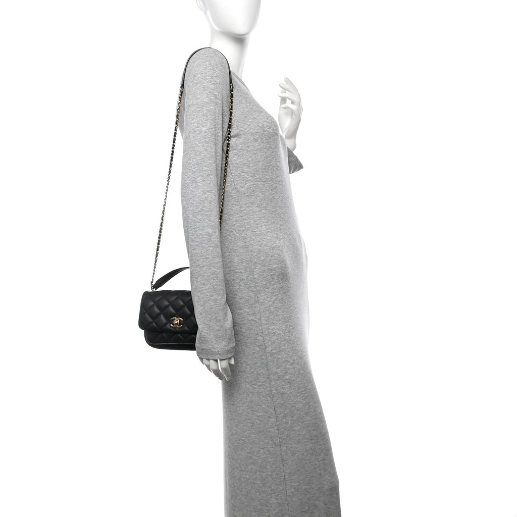 Calfskin Quilted Top Handle Flap Black