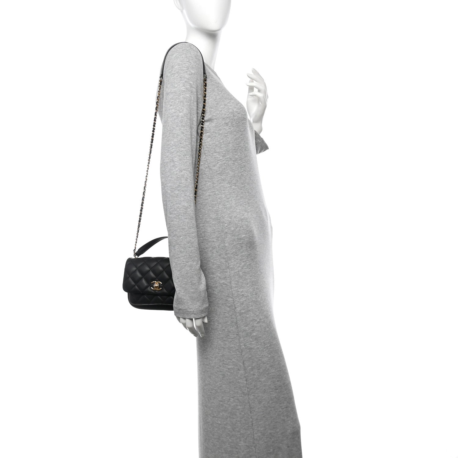 Calfskin Quilted Top Handle Flap Black