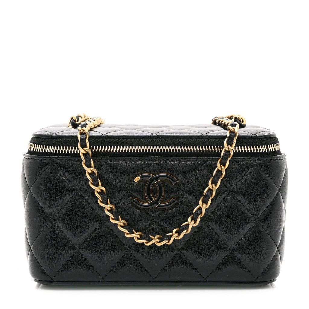 Lambskin Enamel Quilted Small Vanity Case With Chain Black