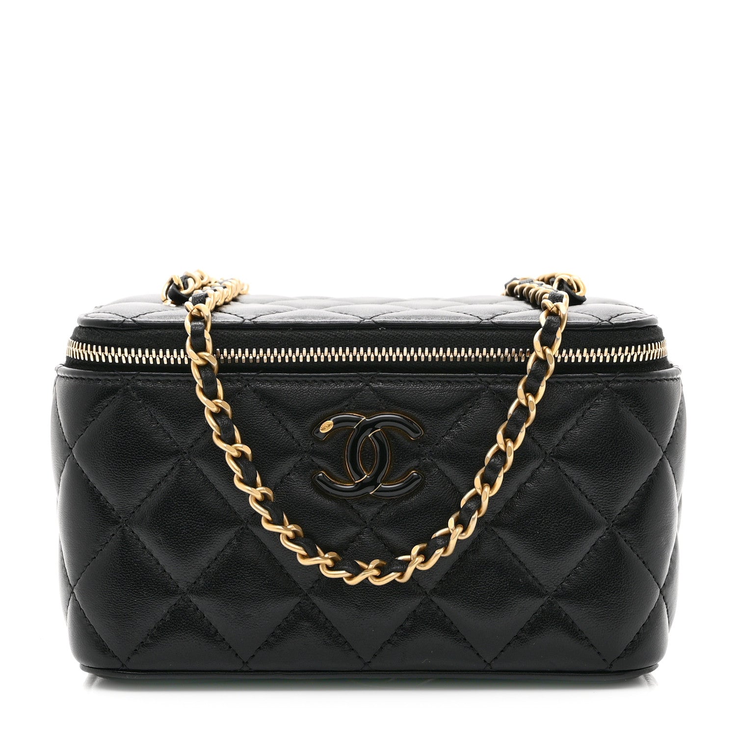 Lambskin Enamel Quilted Small Vanity Case With Chain Black