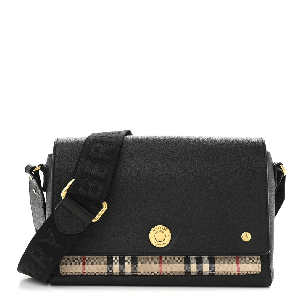 Coated Canvas Calfskin Vintage Check Medium Note Crossbody Bag Black