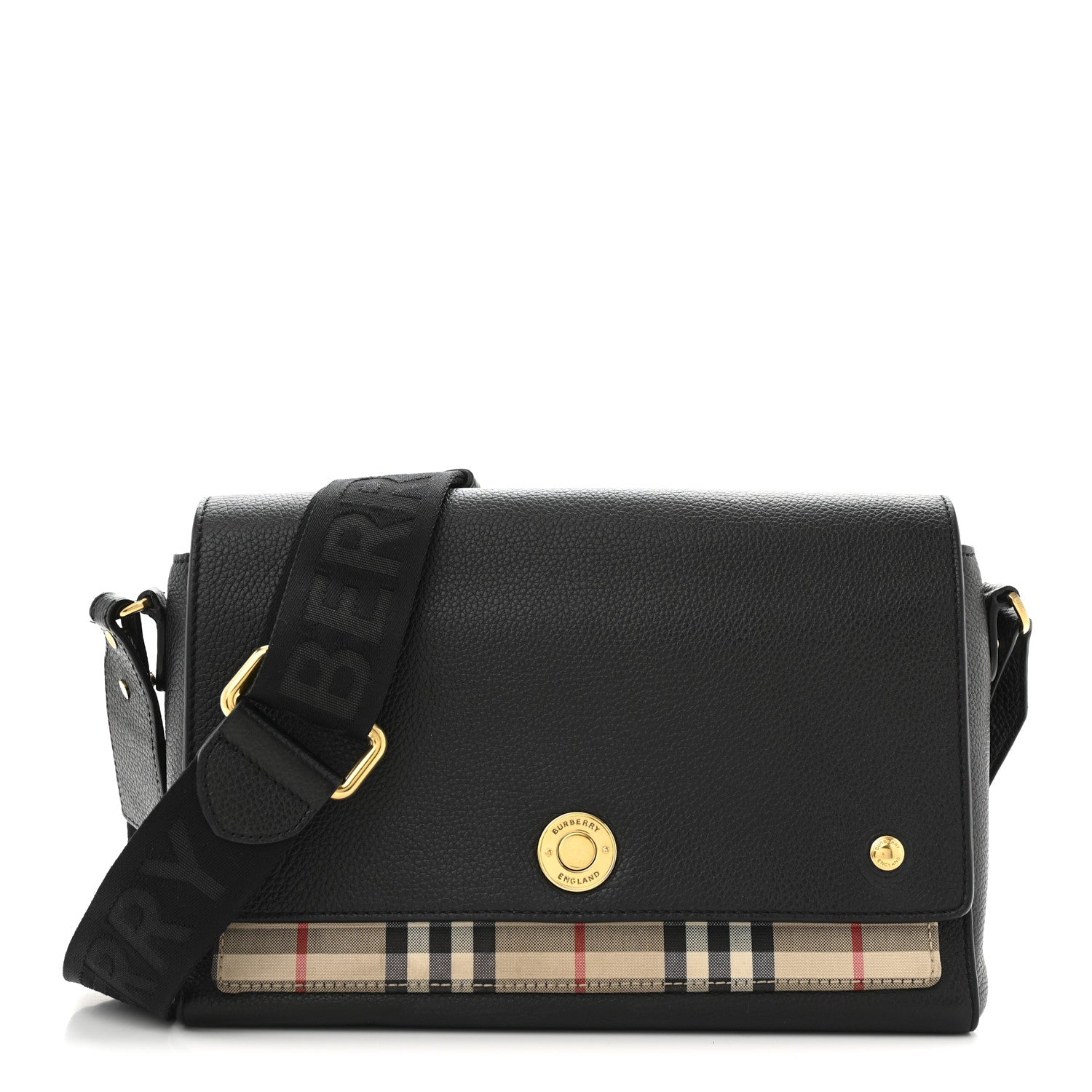Coated Canvas Calfskin Vintage Check Medium Note Crossbody Bag Black