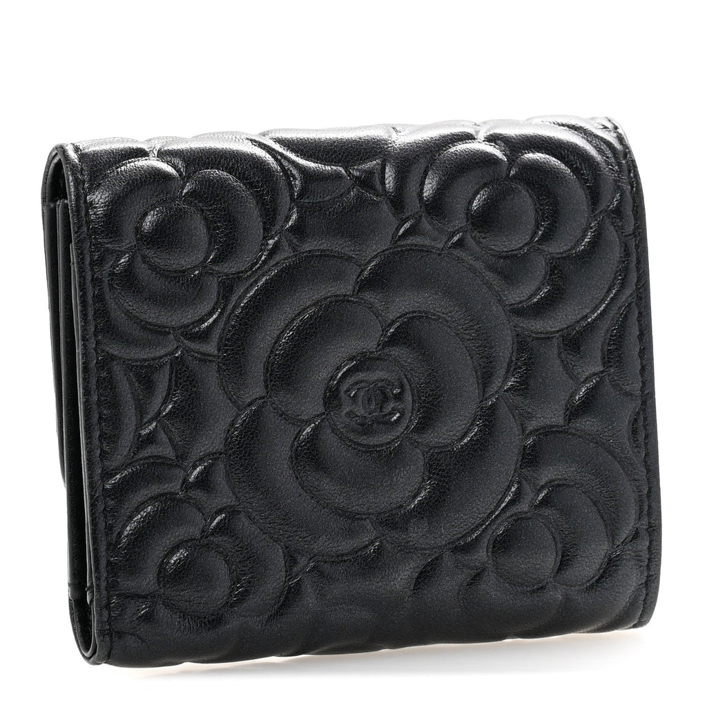 Lambskin Camellia Embossed Small Double Wallet Black