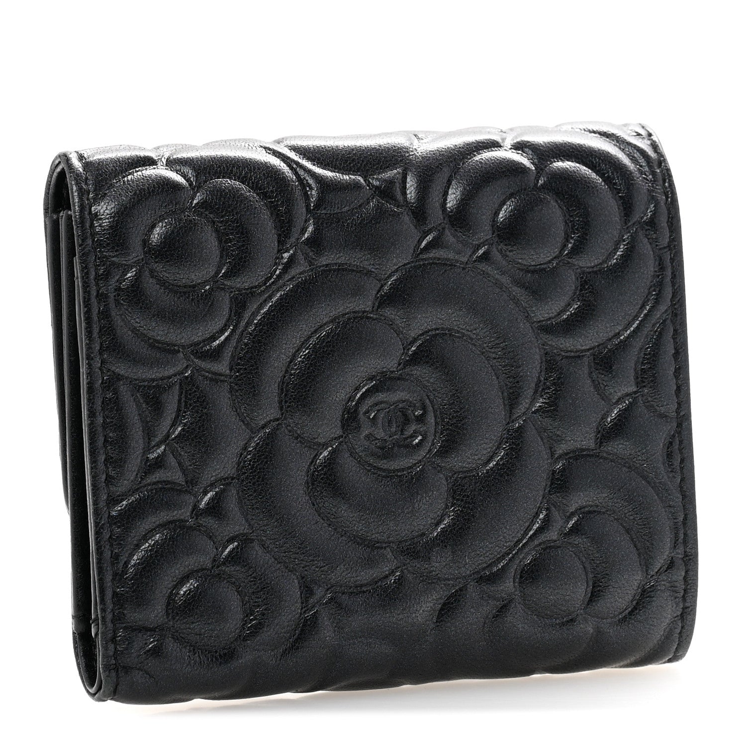 Lambskin Camellia Embossed Small Double Wallet Black