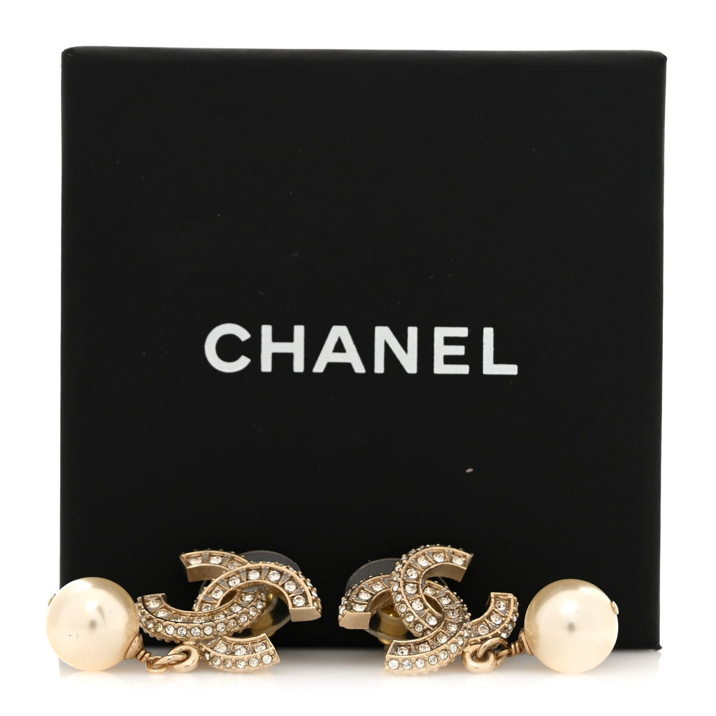 Crystal Pearl CC Drop Earrings Gold