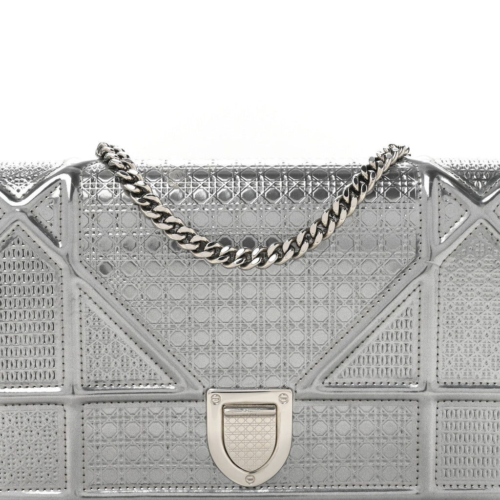 Metallic Patent Micro-Cannage Diorama Wallet on Chain Pouch Silver