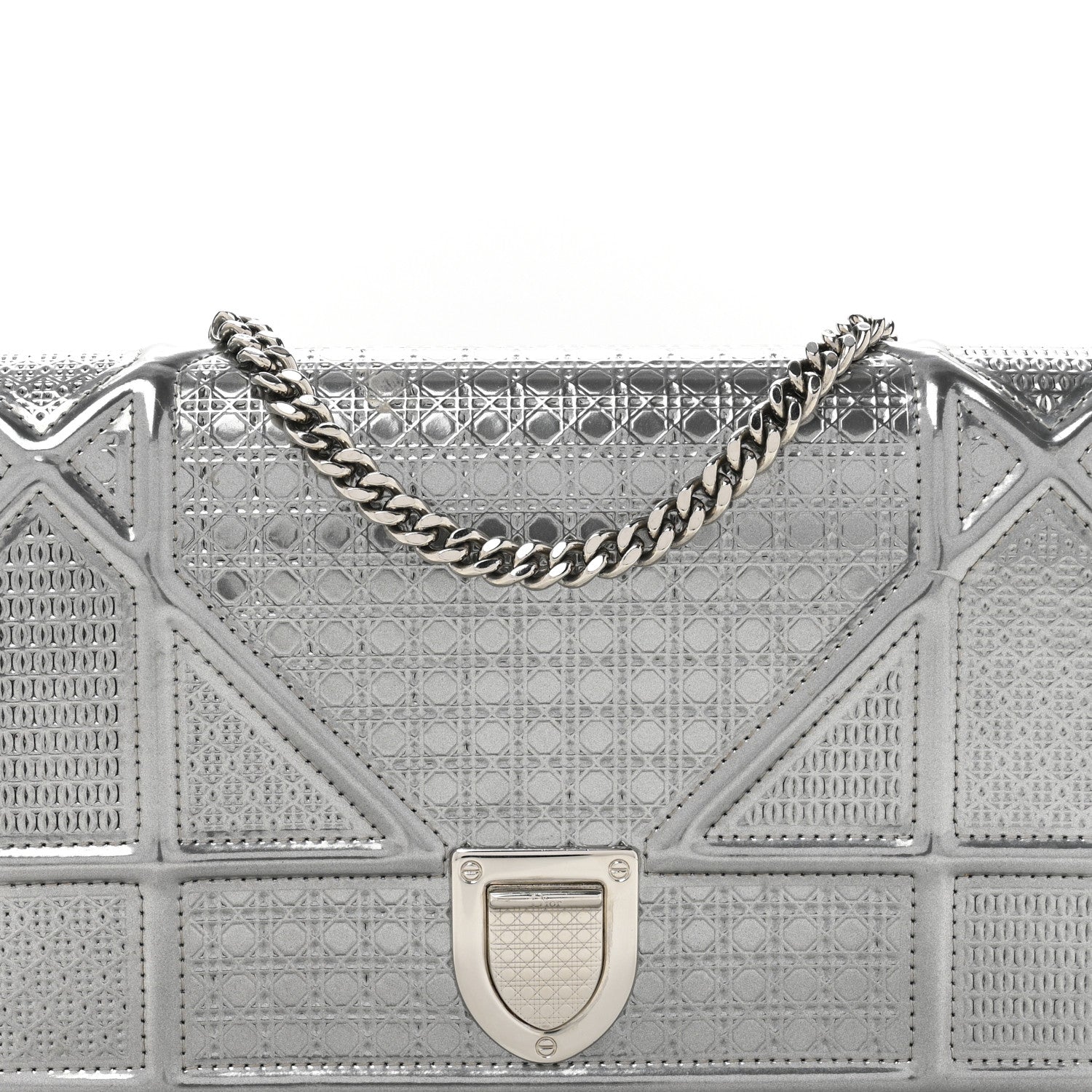 Metallic Patent Micro-Cannage Diorama Wallet on Chain Pouch Silver