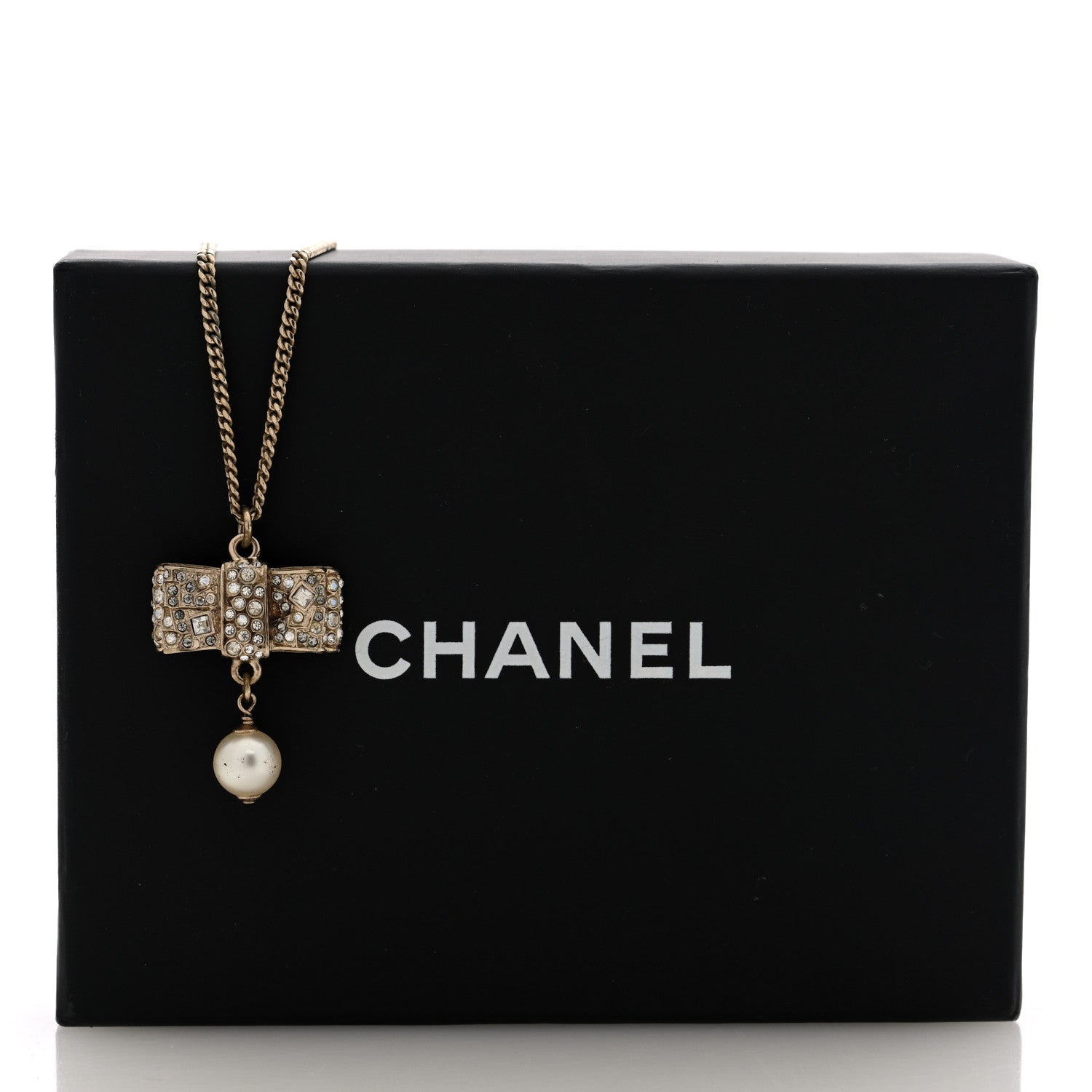 Metal Crystal Pearl CC Bow Necklace Gold