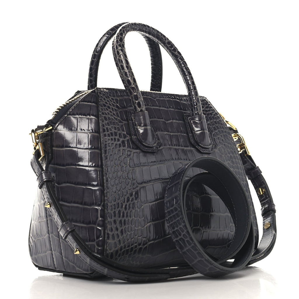 Calfskin Crocodile Embossed Mini Antigona Storm Grey
