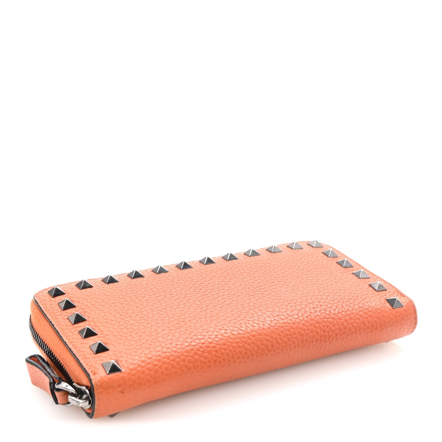 Grained Calfskin Rockstud Zip Around Wallet Orange