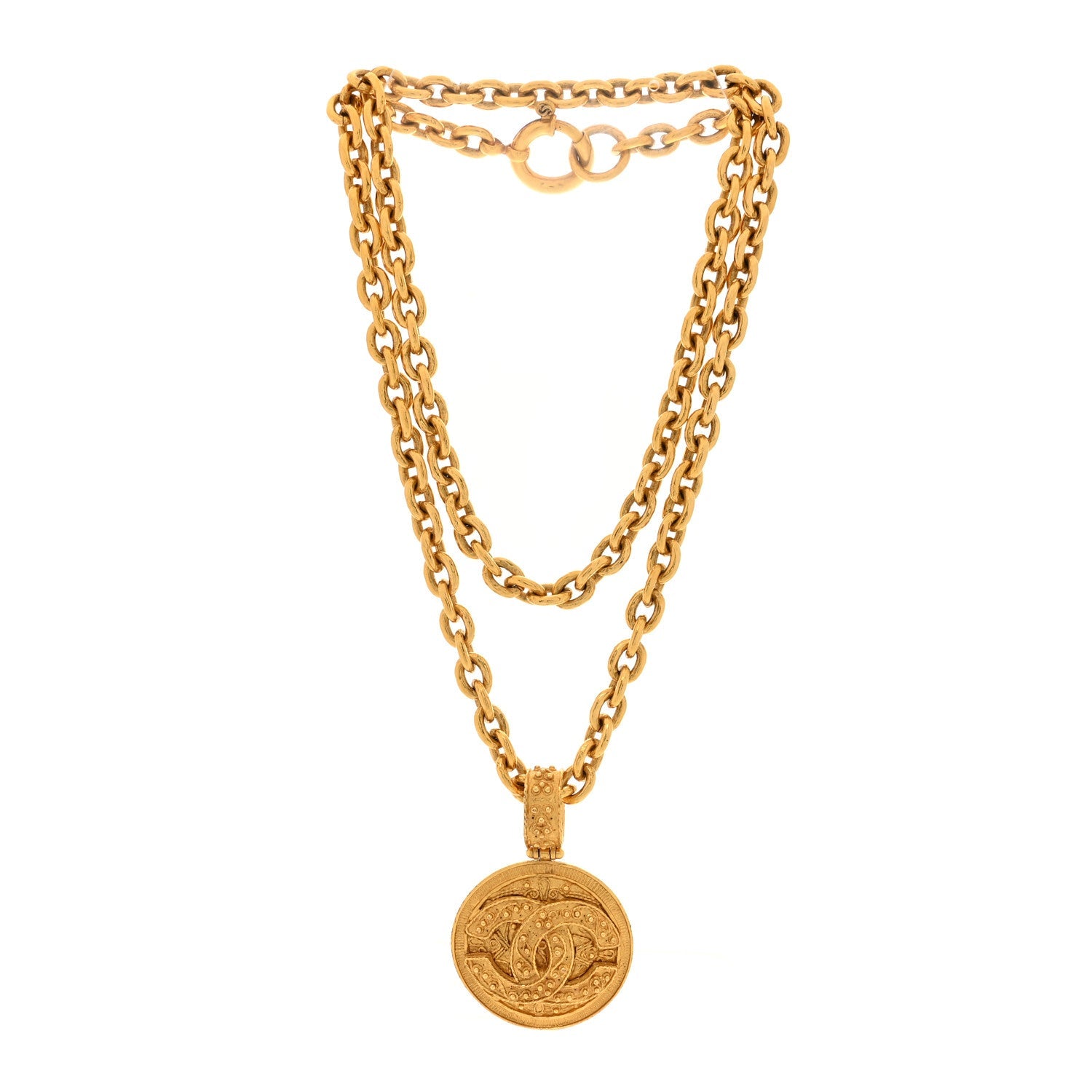 CC Medallion Long Chain Necklace Gold