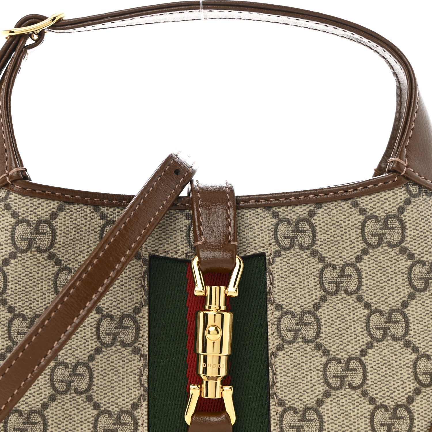 GG Supreme Monogram Azalea Calfskin Web Mini Jackie 1961 Hobo Beige Ebony Brown Sugar