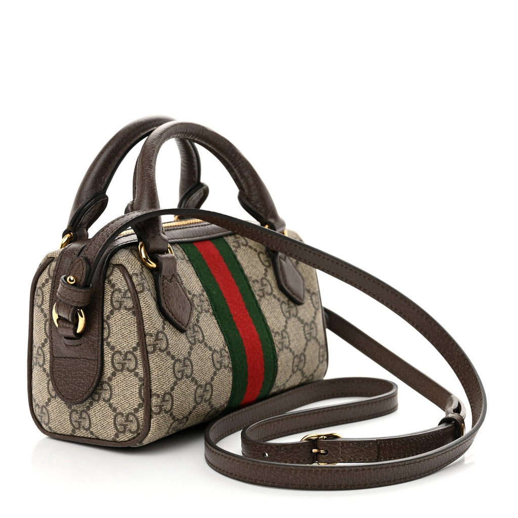 GG Supreme Monogram Textured Dollar Calfskin Web Super Mini Ophidia Top Handle Bowler Bag Beige Ebony New Acero