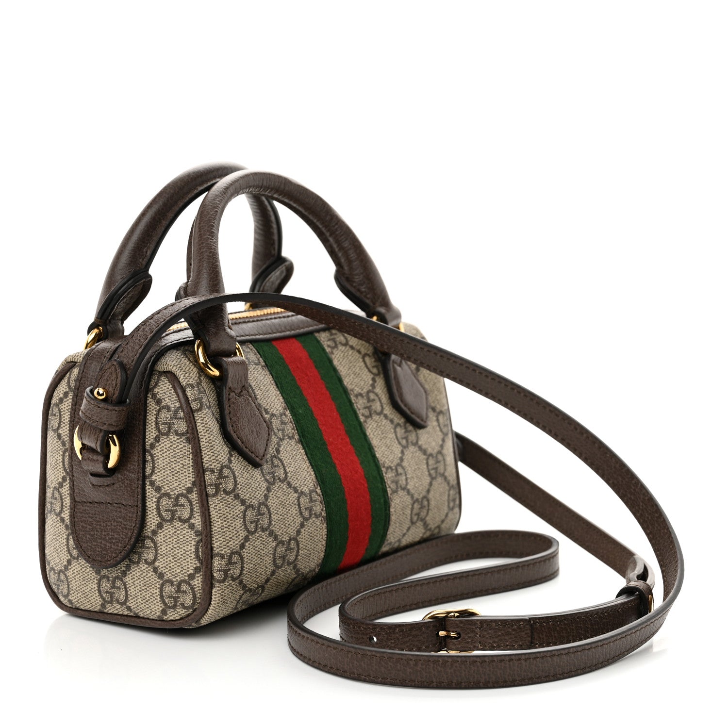 GG Supreme Monogram Textured Dollar Calfskin Web Super Mini Ophidia Top Handle Bowler Bag Beige Ebony New Acero