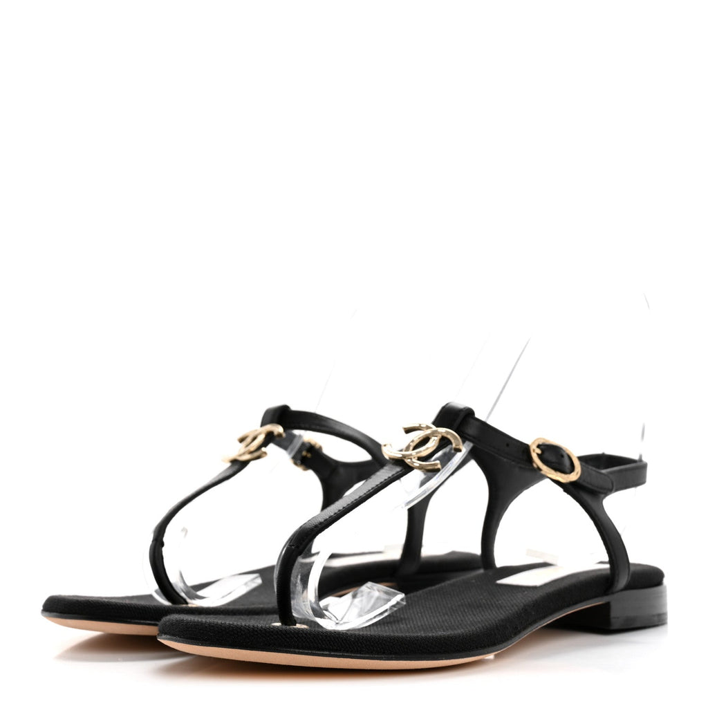 Lambskin CC Logo Thong Sandals 36 Black