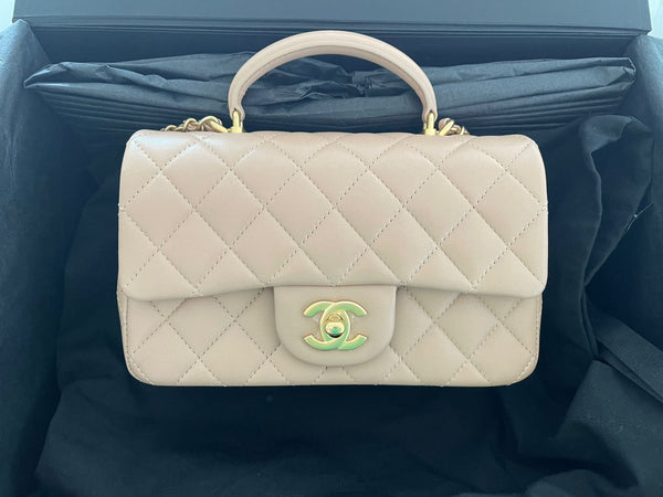 Chanel Mini Flap Bag With Top Handle GHW (Beige)